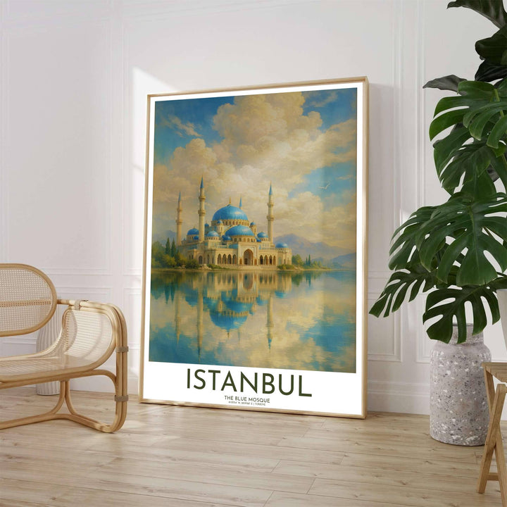 Scenic landscape oil painting of Sultan Ahmed Mosque in Istanbul featuring glowing amber clouds and quiet lake water reflections. Crafted by MapYourDreams, this artwork is available in flexible options including unframed paper, custom wooden frames, and gallery canvas wraps to suit your wall decor.