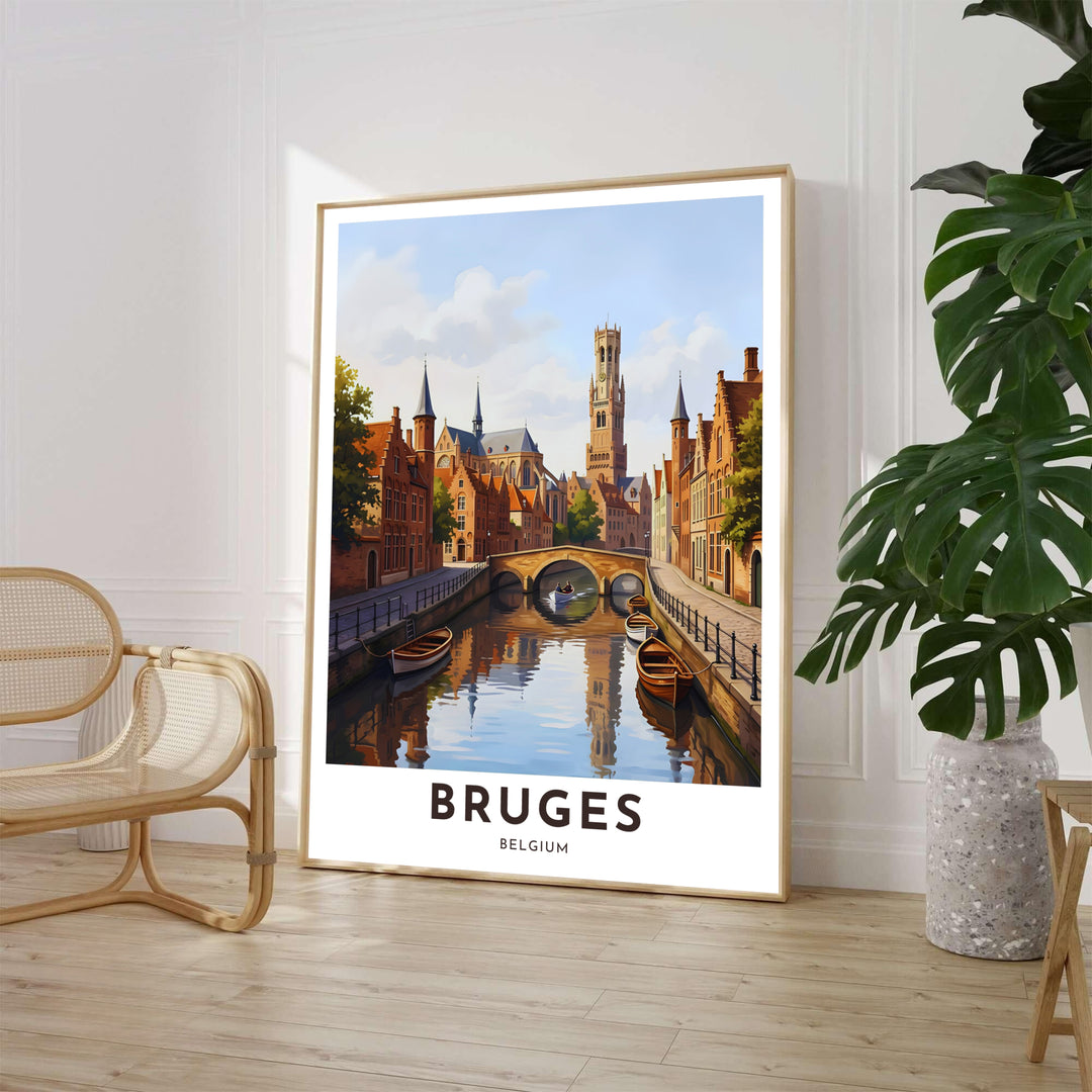 A sleek modern illustration of the iconic Belfry of Bruges rising above canal waterways and step-gabled townhouses in Bruges, Belgium. Available from MapYourDreams in various choices like standalone unframed paper, tailored wooden frames, and gallery-wrapped canvas options.