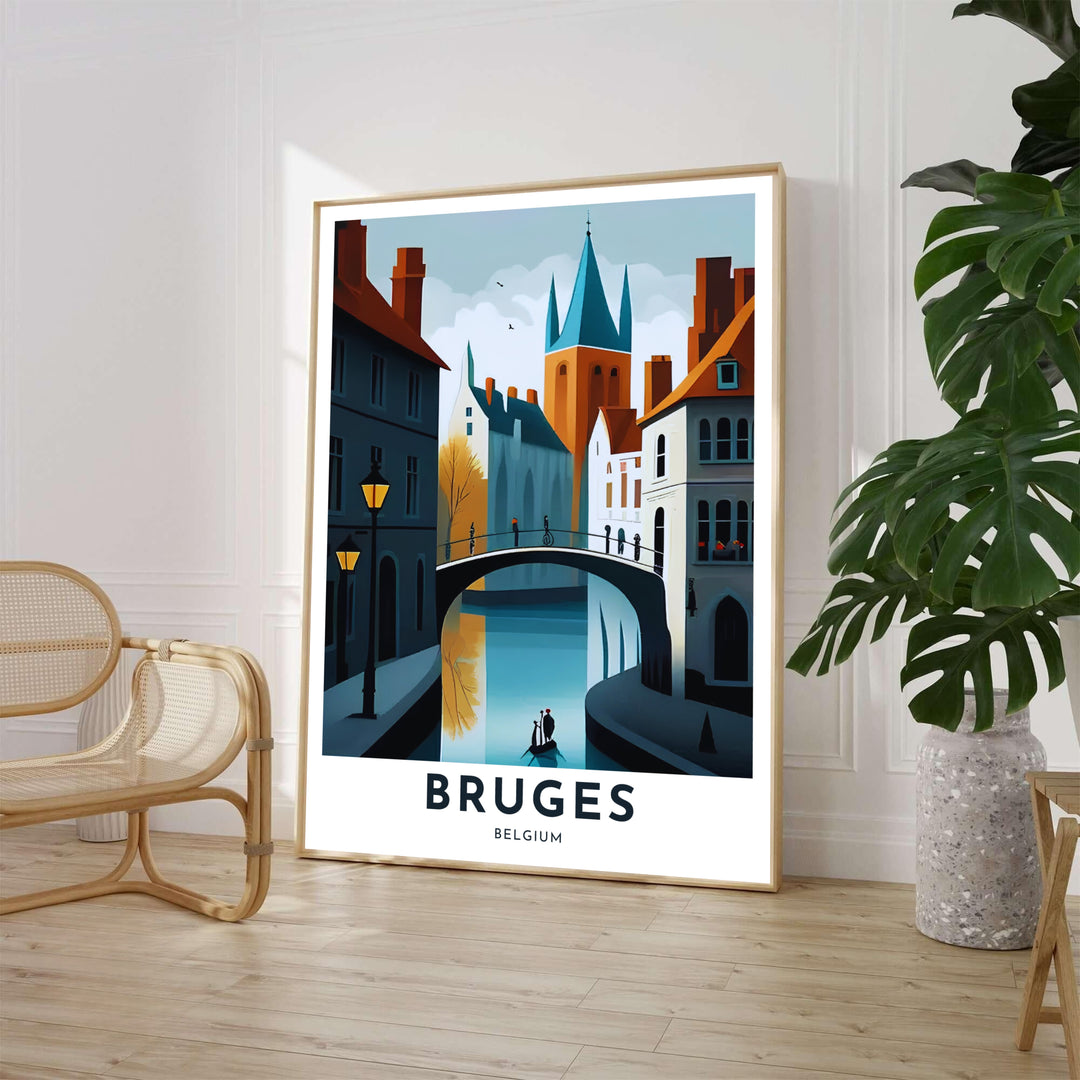 A high-contrast graphic travel poster showing a canal bridge and step-gabled buildings in Bruges, Belgium, designed with crisp burnt orange, dark teal, and white color blocks. Available from MapYourDreams in various choices like standalone unframed paper, tailored wooden frames, and gallery-wrapped canvas options.