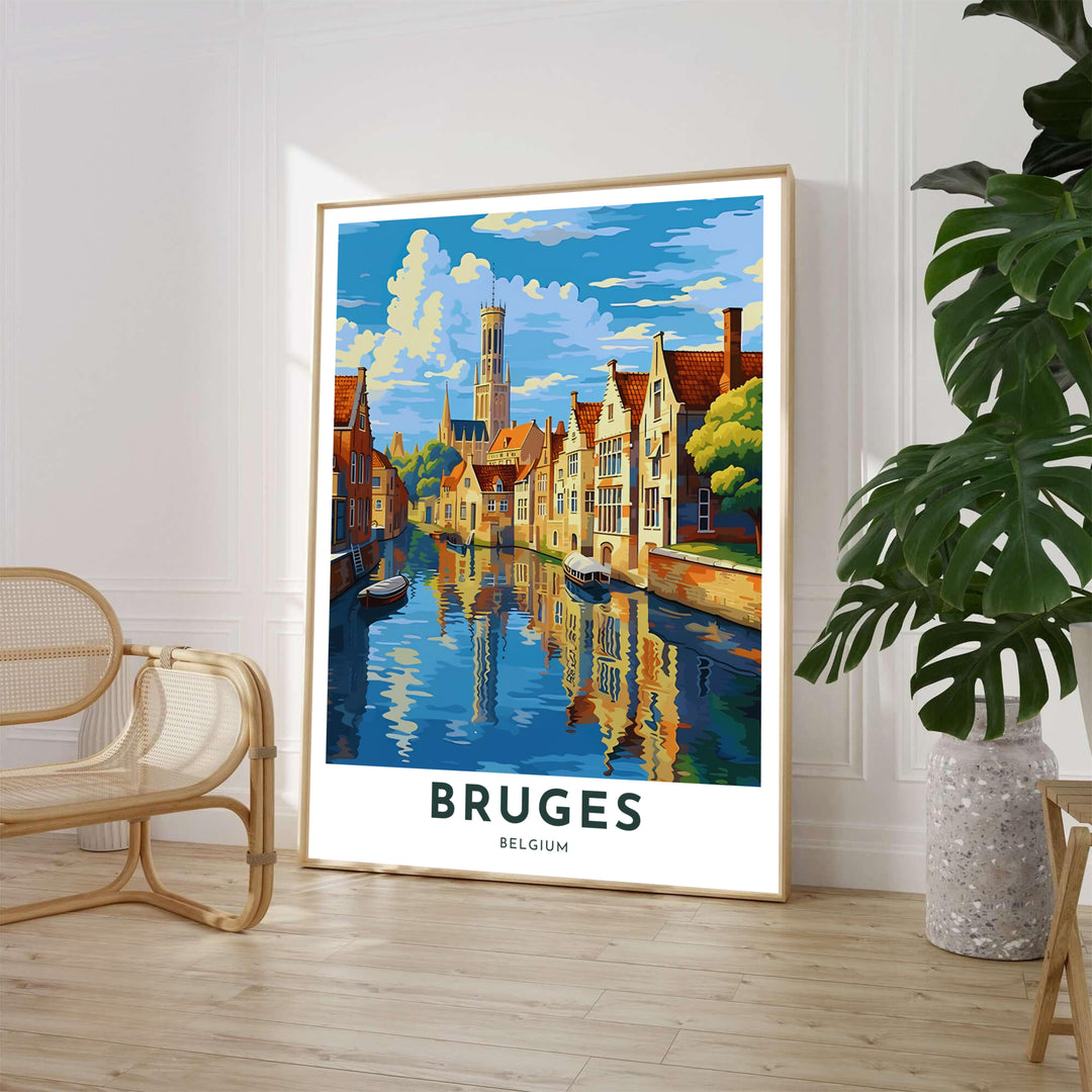 A colorful modern graphic print showing the iconic Belfry of Bruges rising above canal waterways and sunlit townhouses in Bruges, Belgium. Available from MapYourDreams in various choices like standalone unframed paper, tailored wooden frames, and gallery-wrapped canvas options.