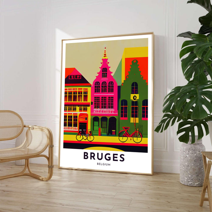 A high-contrast pop art illustration of colorful guild houses and city bikes in Bruges, Belgium, with striking pink, green, and gold architectural details. Available from MapYourDreams in various choices like standalone unframed paper, tailored wooden frames, and gallery-wrapped canvas options.