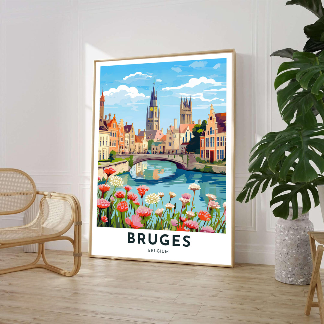 An artistic view of Bruges, Belgium, showcasing blooming canal flowers, an arched stone bridge, historic brick townhouses, and towering cathedral spires. Available from MapYourDreams in various choices like standalone unframed paper, tailored wooden frames, and gallery-wrapped canvas options.