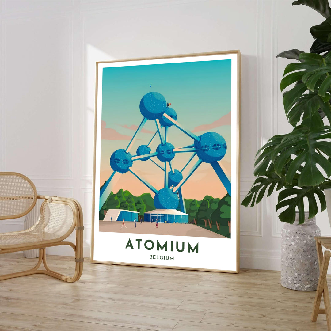 A contemporary travel poster illustrating the futuristic Atomium structure in Brussels, Belgium, with vibrant turquoise spheres and surrounding green park trees. Available from MapYourDreams in various choices like standalone unframed paper, tailored wooden frames, and gallery-wrapped canvas options.