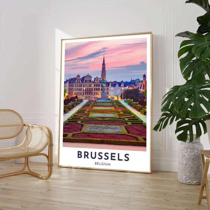 Scenic sunset photography showcasing the symmetrical geometric garden beds and historical skyline of Mont des Arts in Brussels, Belgium. Available from MapYourDreams in various choices like standalone unframed paper, tailored wooden frames, and gallery-wrapped canvas options.