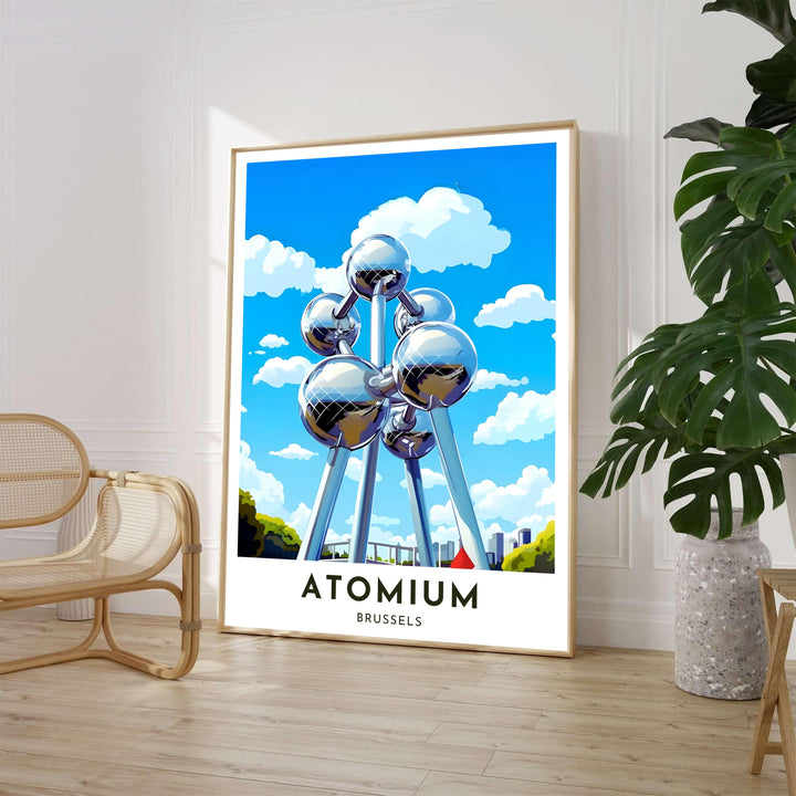 Bold architectural art showcasing the iconic Atomium structure in Brussels, Belgium, glistening against an azure sky and lush park trees. Available from MapYourDreams in various choices like standalone unframed paper, tailored wooden frames, and gallery-wrapped canvas options.