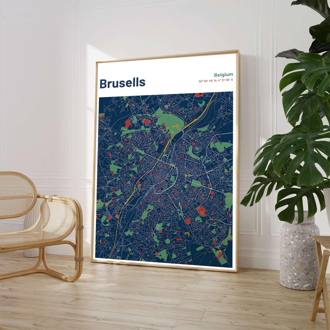 Elegant cartographic wall art showcasing the detailed street layout and coordinates of Brussels, Belgium, in a contemporary dark blue color scheme. Available from MapYourDreams in various choices like standalone unframed paper, tailored wooden frames, and gallery-wrapped canvas options.