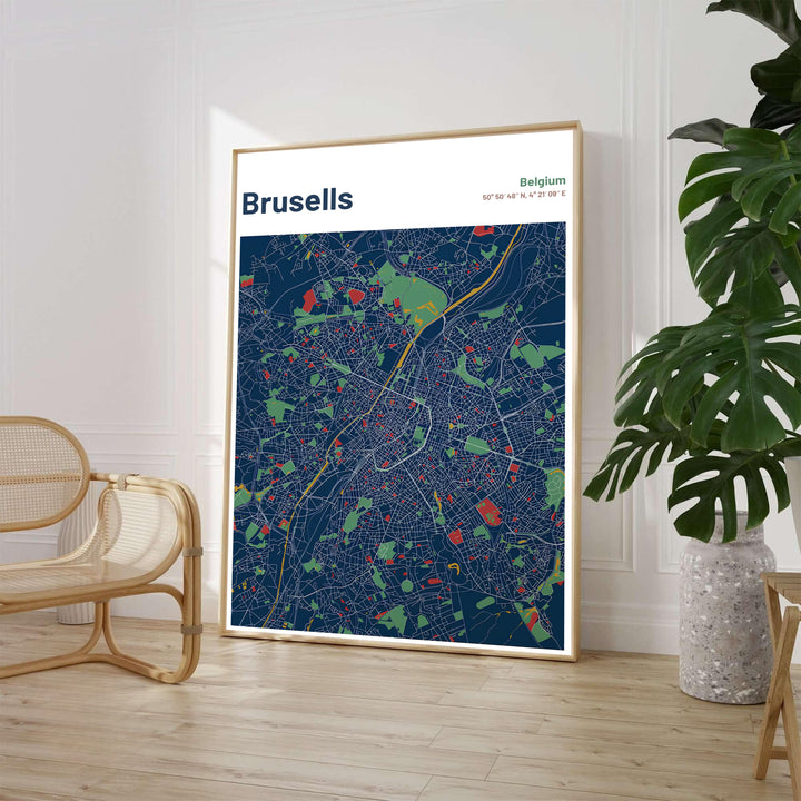 Elegant cartographic wall art showcasing the detailed street layout and coordinates of Brussels, Belgium, in a contemporary dark blue color scheme. Available from MapYourDreams in various choices like standalone unframed paper, tailored wooden frames, and gallery-wrapped canvas options.