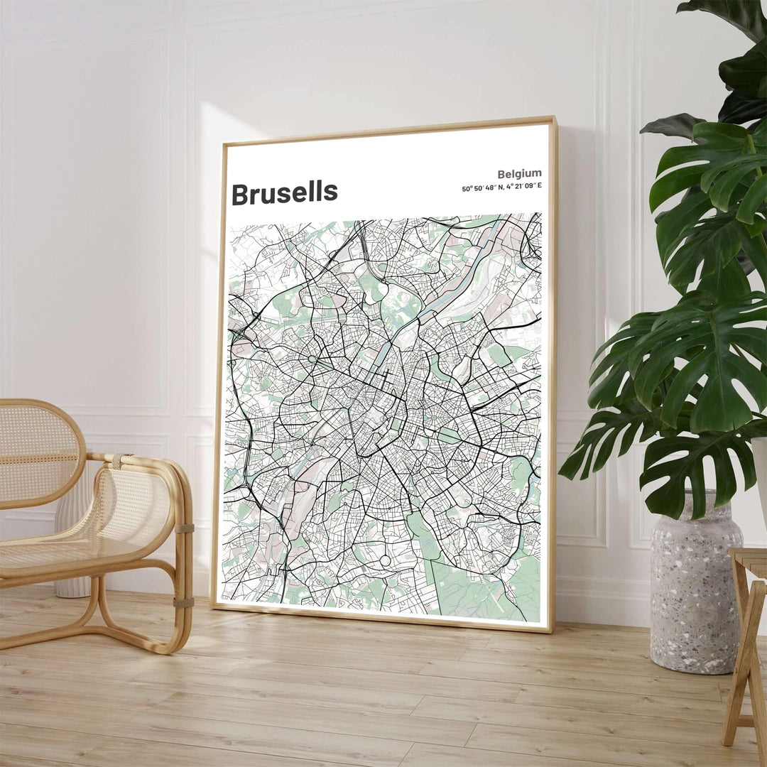 Airy cartographic wall art showcasing the detailed street layout and geographic coordinates of Brussels, Belgium, in a light green color palette. Available from MapYourDreams in various choices like standalone unframed paper, tailored wooden frames, and gallery-wrapped canvas options.