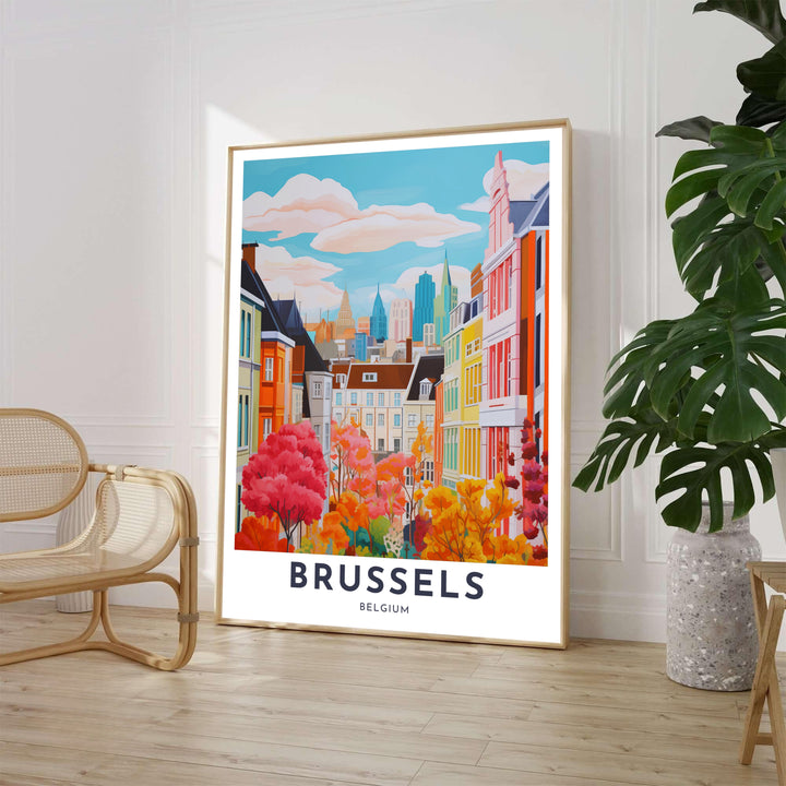 Colorful city travel art depicting the architectural streetscape of Brussels, Belgium, under a turquoise sky with orange and magenta trees in the foreground. Available from MapYourDreams in various choices like standalone unframed paper, tailored wooden frames, and gallery-wrapped canvas options.