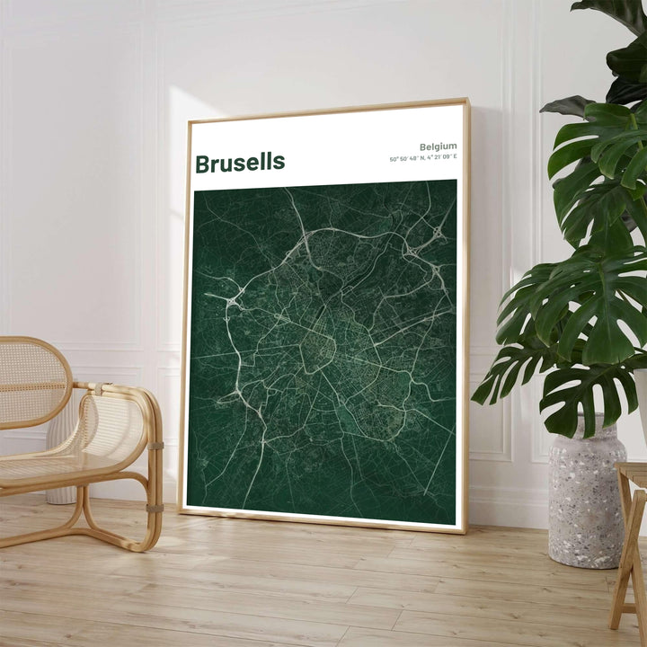 Moody cartographic wall art showcasing the intricate urban road layout and geographic coordinates of Brussels, Belgium, in a deep green hue. Available from MapYourDreams in various choices like standalone unframed paper, tailored wooden frames, and gallery-wrapped canvas options.