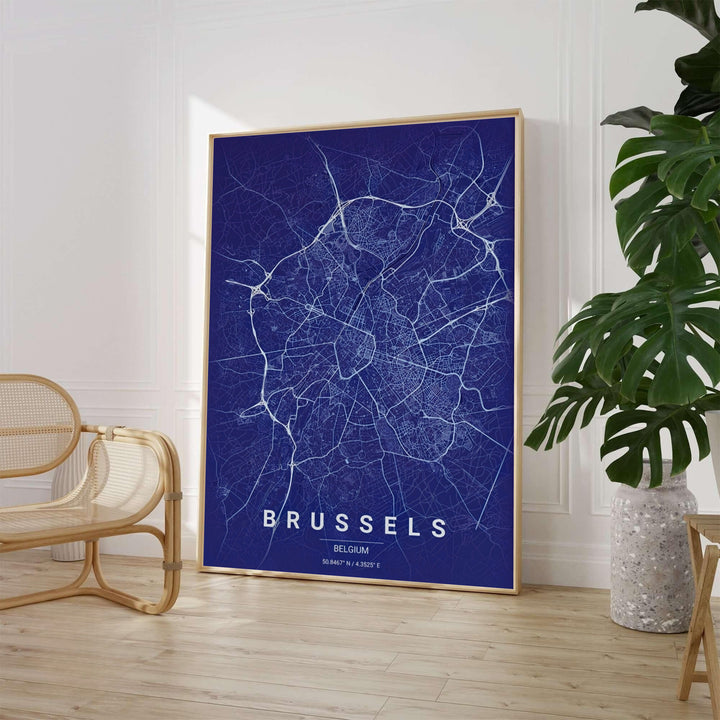 Elegant cartographic wall art showcasing the detailed urban road layout and geographic coordinates of Brussels, Belgium, in classic navy blue. Available from MapYourDreams in various choices like standalone unframed paper, tailored wooden frames, and gallery-wrapped canvas options.
