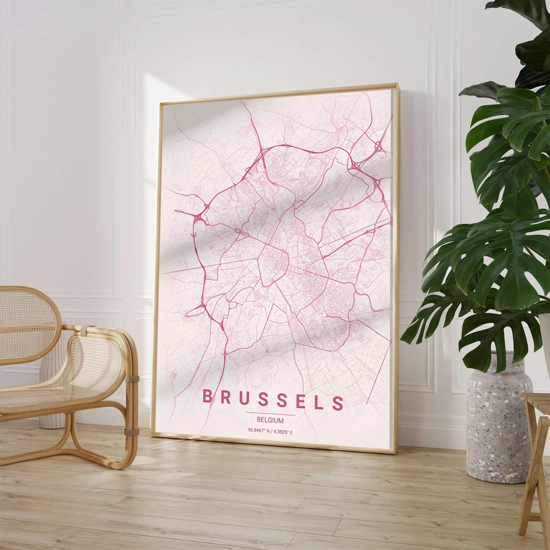 Stylish cartographic wall art showcasing the intricate urban road network and geographic coordinates of Brussels, Belgium, in a soft pink tone. Available from MapYourDreams in various choices like standalone unframed paper, tailored wooden frames, and gallery-wrapped canvas options.