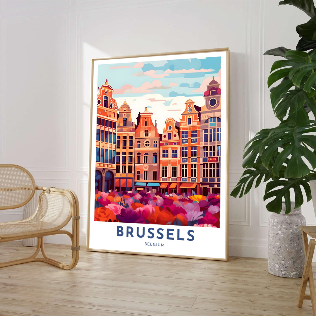 Modern architectural wall art featuring the ornate Baroque facades of Brussels Grand Place in Belgium framed by bright floral blossoms. Available from MapYourDreams in various choices like standalone unframed paper, tailored wooden frames, and gallery-wrapped canvas options.