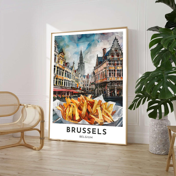 Cozy kitchen wall decor depicting a cone of crispy fries against the Gothic architecture of Brussels Grand Place in Belgium rendered in soft watercolors. Available from MapYourDreams in various choices like standalone unframed paper, tailored wooden frames, and gallery-wrapped canvas options.