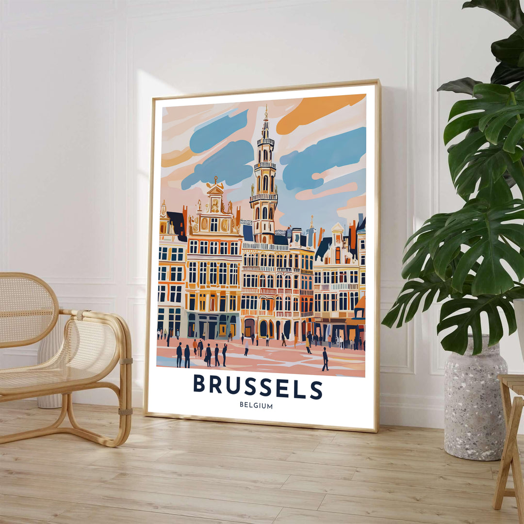Modern architectural wall art featuring the ornate Baroque facades of Brussels Grand Place in Belgium rendered in soft peach and blue tones. Available from MapYourDreams in various choices like standalone unframed paper, tailored wooden frames, and gallery-wrapped canvas options.