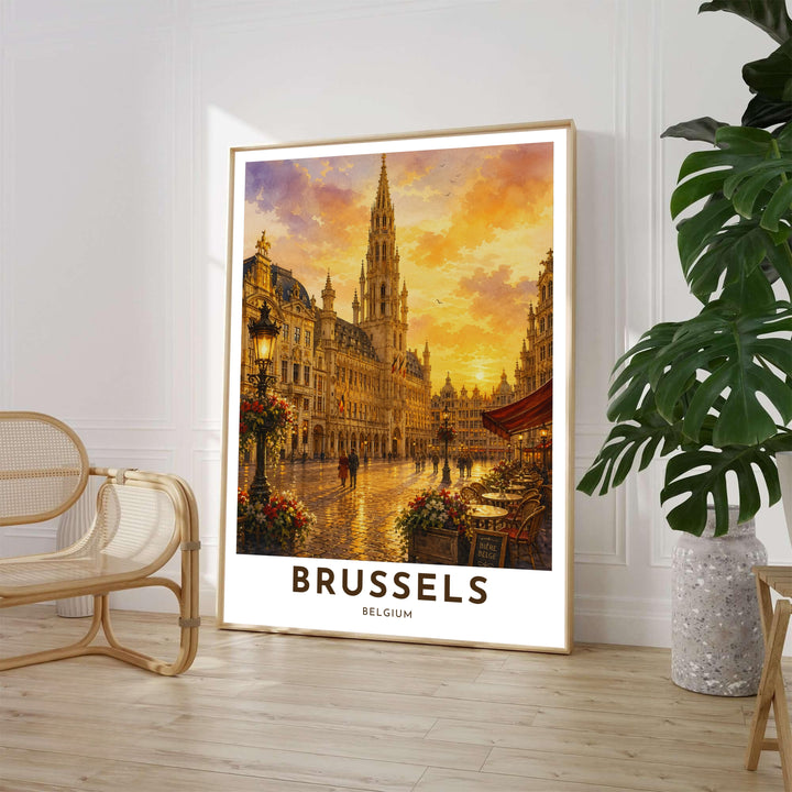 Romantic architectural wall decor displaying the lit street lamps, flower boxes, and café seating at Brussels Grand Place in Belgium. Available from MapYourDreams in various choices like standalone unframed paper, tailored wooden frames, and gallery-wrapped canvas options.