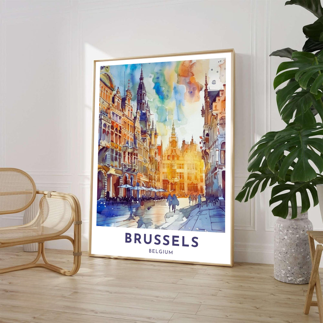 Colorful architectural wall decor featuring fluid blue and honey yellow watercolor washes across the historic square of Brussels Grand Place in Belgium. Available from MapYourDreams in various choices like standalone unframed paper, tailored wooden frames, and gallery-wrapped canvas options.