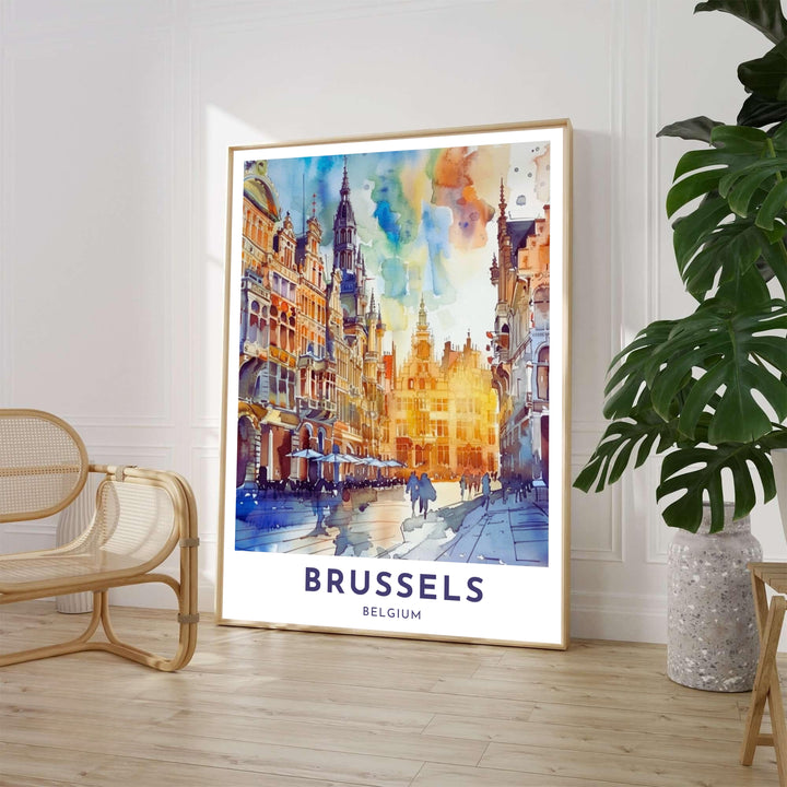 Colorful architectural wall decor featuring fluid blue and honey yellow watercolor washes across the historic square of Brussels Grand Place in Belgium. Available from MapYourDreams in various choices like standalone unframed paper, tailored wooden frames, and gallery-wrapped canvas options.