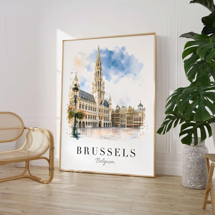 Elegant architectural wall decor featuring soft sky blue cloud washes framing the Gothic Town Hall of Brussels Grand Place in Belgium. Available from MapYourDreams in various choices like standalone unframed paper, tailored wooden frames, and gallery-wrapped canvas options.