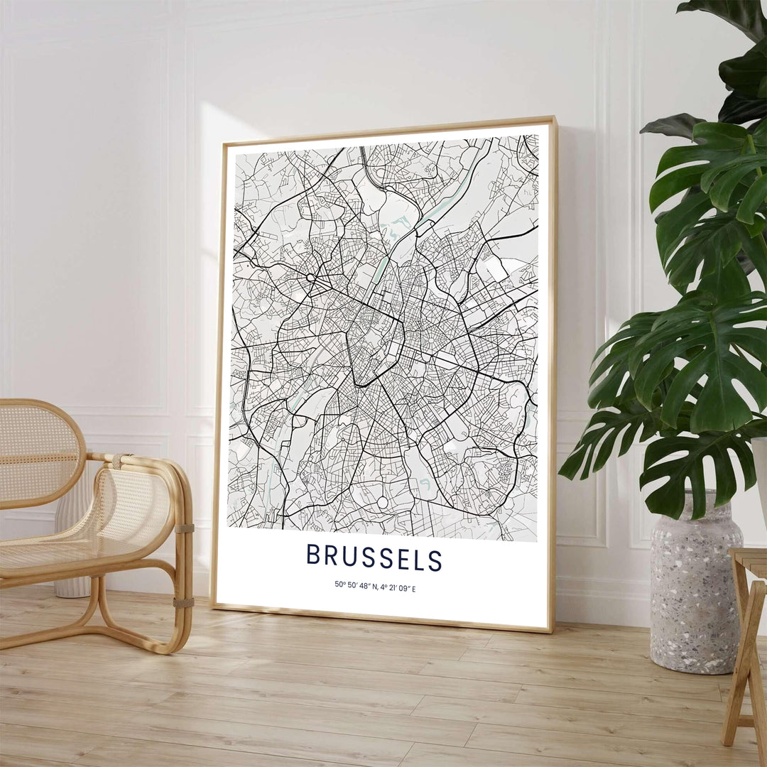 High-contrast monochrome cartography wall decor displaying the intricate avenues and street grid of Brussels in Belgium. Available from MapYourDreams in various choices like standalone unframed paper, tailored wooden frames, and gallery-wrapped canvas options.