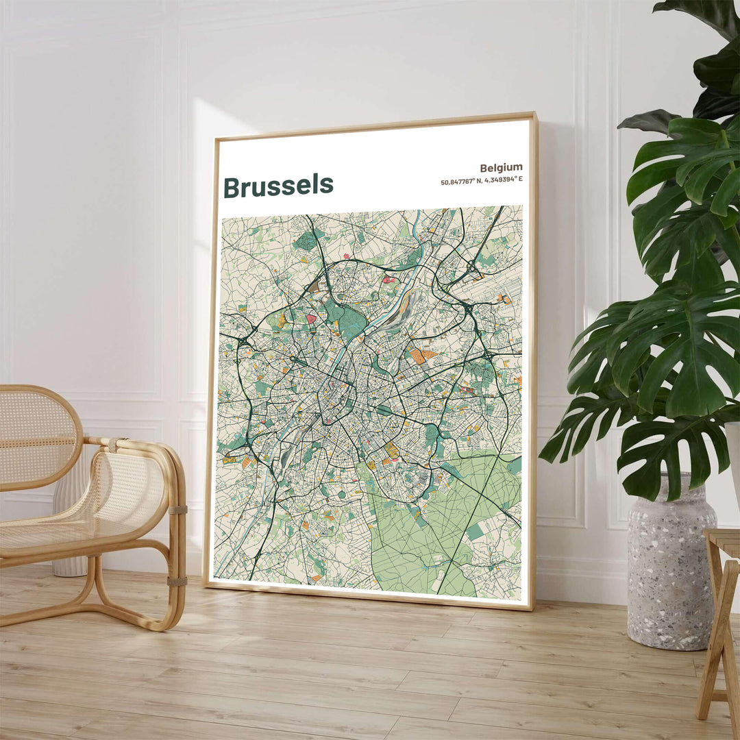 Soft sage green and cream street map wall decor displaying the urban road network and coordinates of Brussels in Belgium. Available from MapYourDreams in various choices like standalone unframed paper, tailored wooden frames, and gallery-wrapped canvas options.