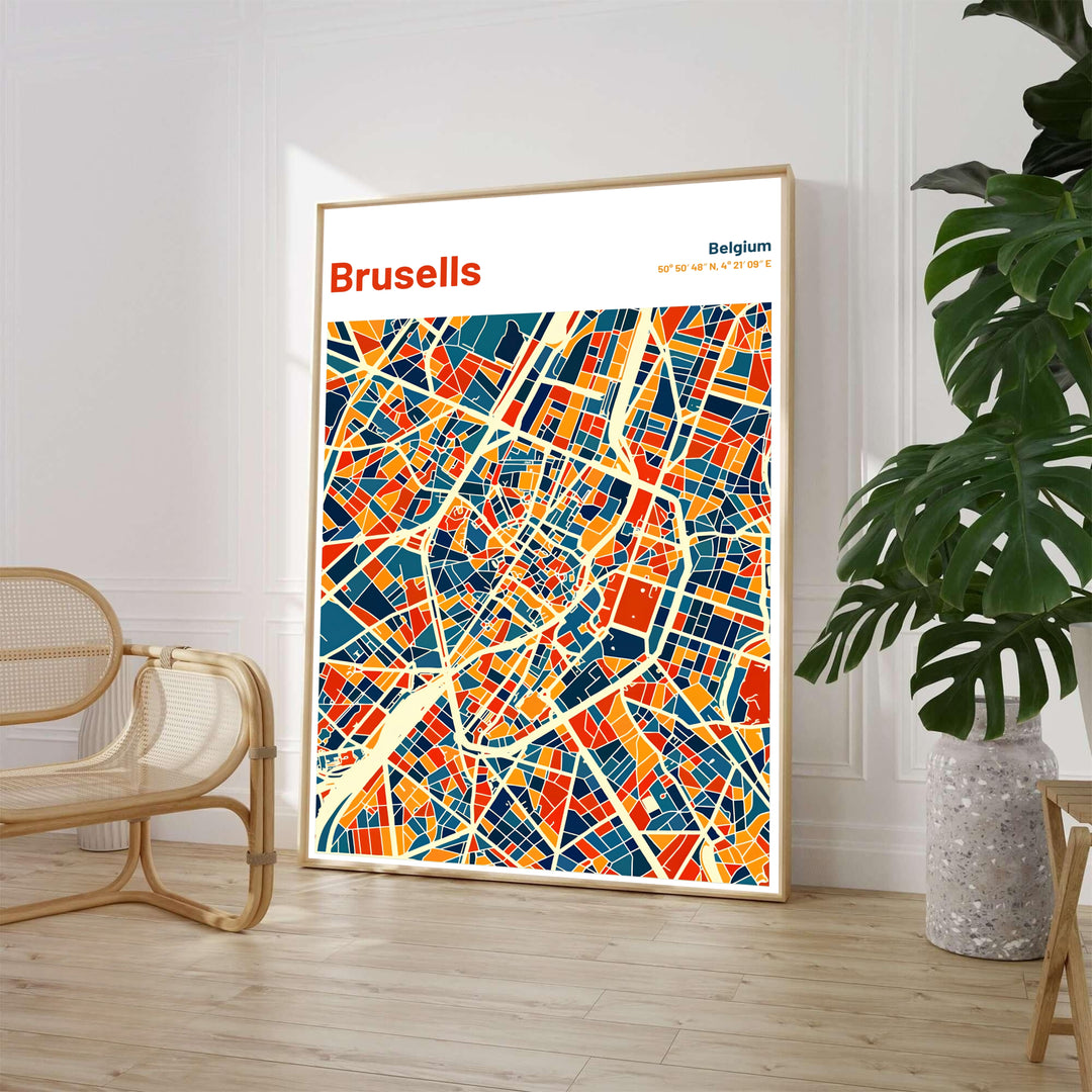 Vibrant mid-century abstract cartography wall decor depicting the urban road network and coordinates of Brussels in Belgium. Available from MapYourDreams in various choices like standalone unframed paper, tailored wooden frames, and gallery-wrapped canvas options.