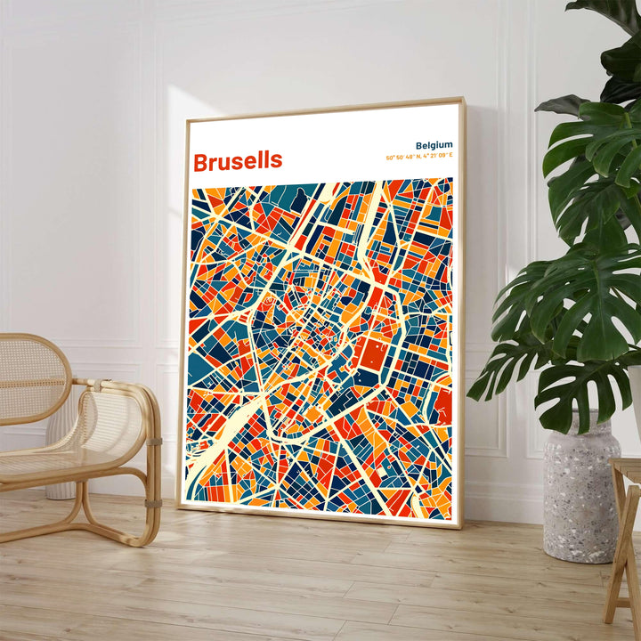 Vibrant mid-century abstract cartography wall decor depicting the urban road network and coordinates of Brussels in Belgium. Available from MapYourDreams in various choices like standalone unframed paper, tailored wooden frames, and gallery-wrapped canvas options.