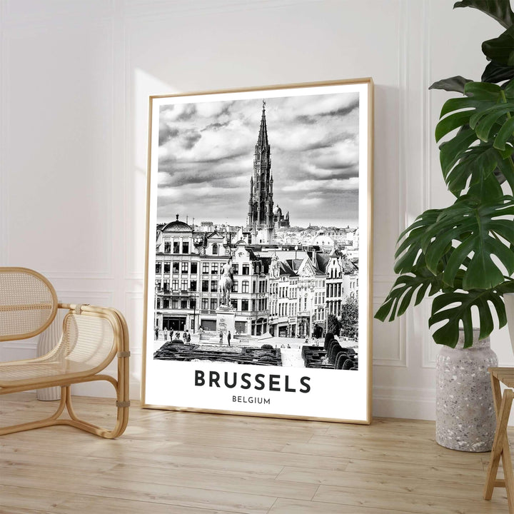 Monochrome architectural wall decor capturing the equestrian statue and manicured gardens of Mont des Arts overlooking Brussels, Belgium. Available from MapYourDreams in various choices like standalone unframed paper, tailored wooden frames, and gallery-wrapped canvas options.