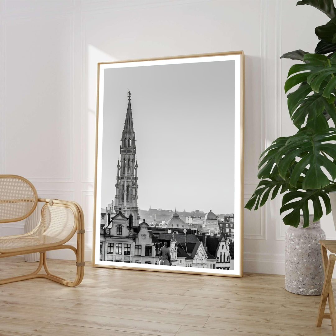 Monochrome architectural wall art highlighting the intricate tower and gabled rooftops of central Brussels, Belgium. Available from MapYourDreams in various choices like standalone unframed paper, tailored wooden frames, and gallery-wrapped canvas options.