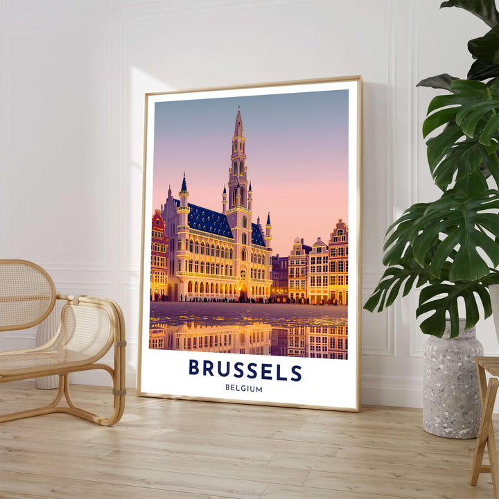 Atmospheric twilight travel poster depicting the glowing yellow lights and Gothic facade of the Town Hall in Brussels, Belgium. Available from MapYourDreams in various choices like standalone unframed paper, tailored wooden frames, and gallery-wrapped canvas options.