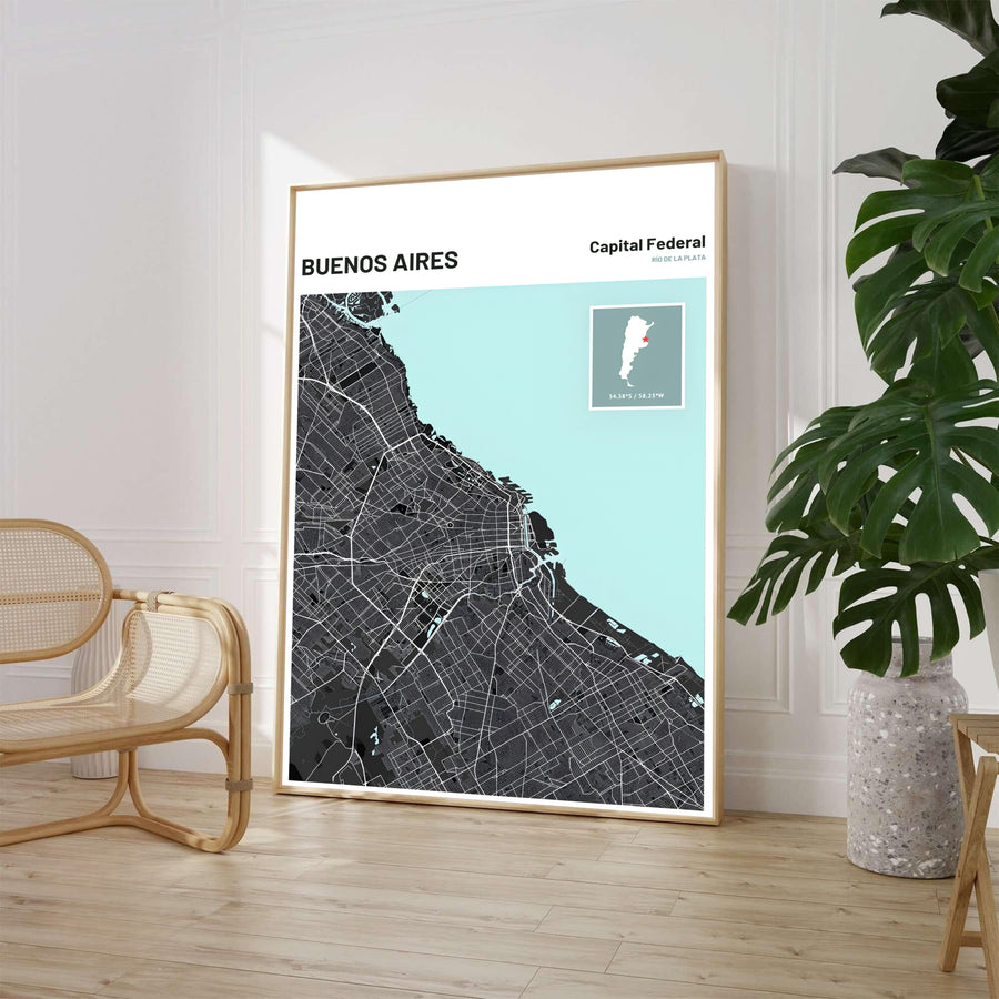 Modern city grid wall decor of Buenos Aires featuring dark charcoal urban blocks and a refreshing mint green Río de la Plata estuary. Available through MapYourDreams, customers can select from versatile presentation formats including fine art paper, solid wood frames, and stretched canvas options.