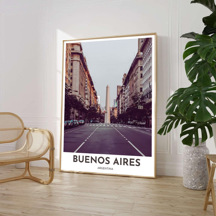 Cinematic city street photography print of Buenos Aires featuring historic European architecture and El Obelisco under a soft, overcast sky. Available through MapYourDreams, customers can select from fine art paper, handcrafted timber frames, or stretched canvas wraps.
