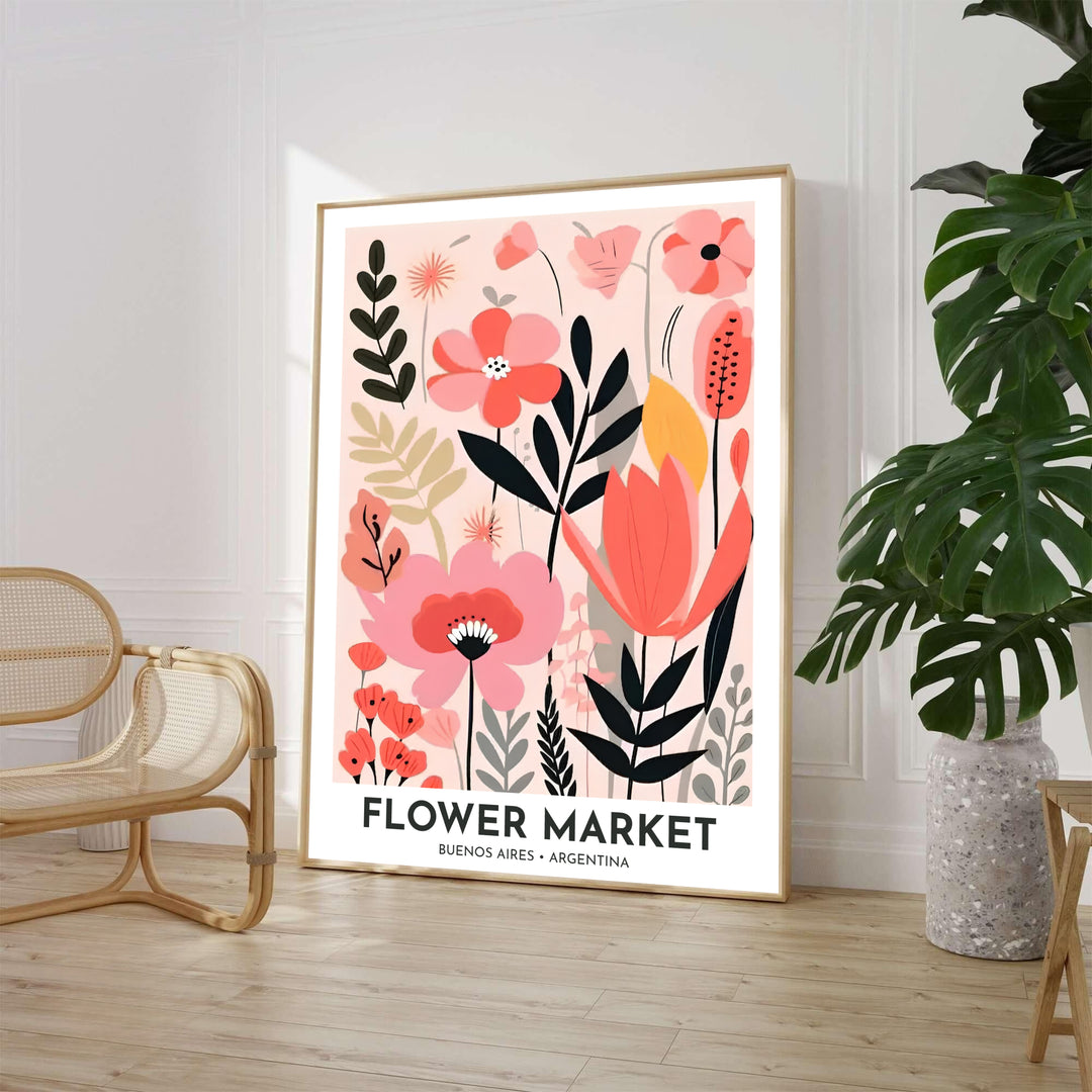 Modern Scandinavian botanical wall decor featuring a Buenos Aires flower market layout with oversized petals and yellow accents. Available through MapYourDreams, customers can select from fine art paper, handcrafted timber frames, or stretched canvas wraps.