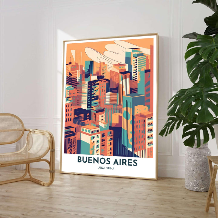 Mid-century modern cityscape wall decor featuring a bird&