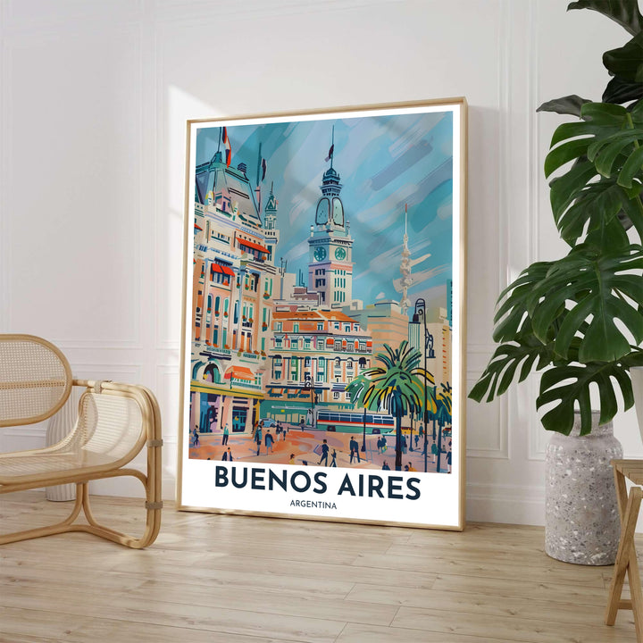 Pastel architectural cityscape wall decor showcasing historic buildings and bustling street life in central Buenos Aires. Available through MapYourDreams, customers can select from fine art paper, handcrafted timber frames, or stretched canvas options.