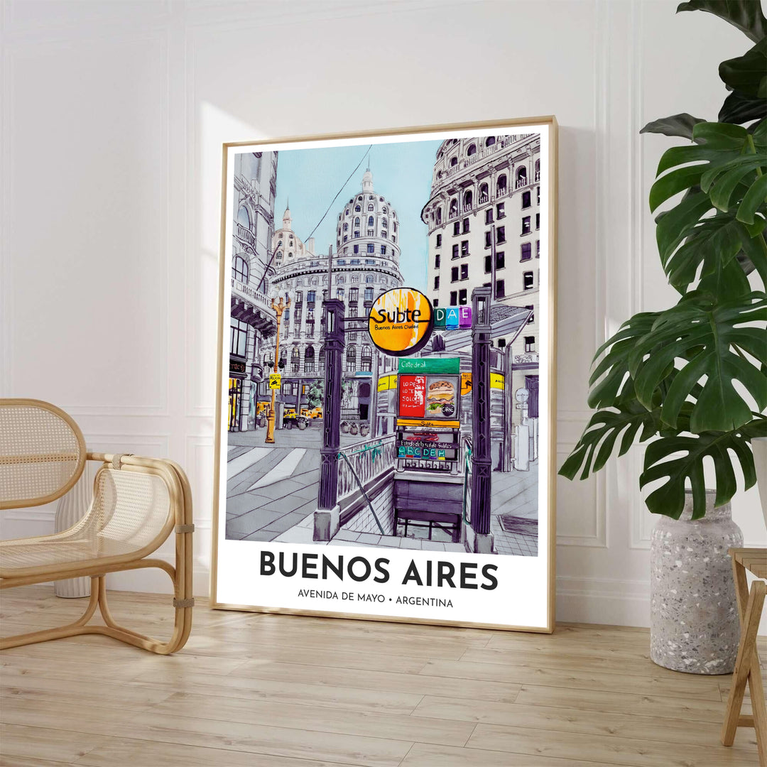 Architectural watercolor cityscape wall decor featuring the yellow Subte subway sign and classic European style building facades in Buenos Aires. Available through MapYourDreams, customers can select from fine art paper, handcrafted timber frames, or stretched canvas options.