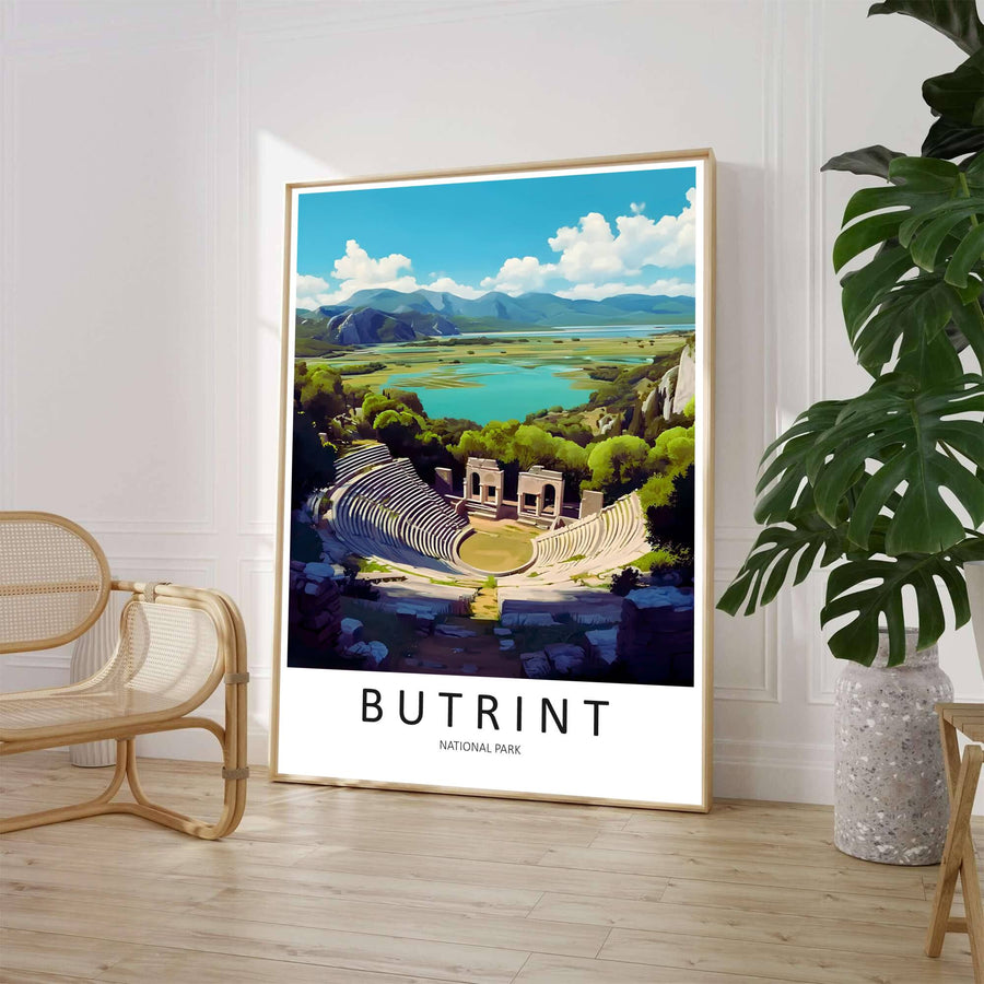 Featuring a scenic travel illustration of Butrint Albania showing Greco-Roman ruins surrounded by green trees and turquoise lake waters, this poster elevates rooms. Offered by MapYourDreams, this artwork is available in flexible options including unframed paper, custom wooden frames, and gallery canvas wraps.