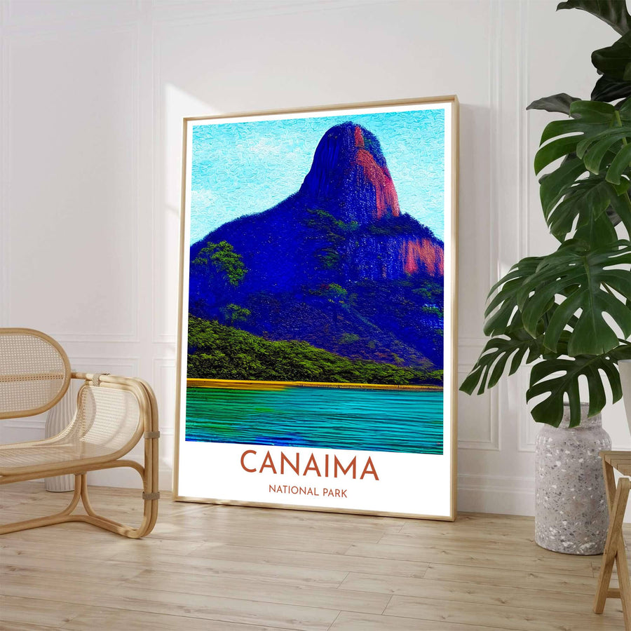 Impasto style landscape wall decor depicting a sunlit sandstone tepui peak with terracotta highlights and lush forest in Venezuela. Available through MapYourDreams, customers can select from fine art paper, handcrafted timber frames, or stretched canvas options.