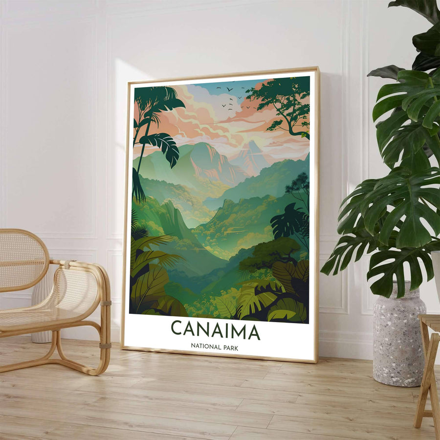 Tropical rainforest landscape wall art depicting mist-veiled green mountain ridges and monstera foliage in Canaima National Park, Venezuela. Available through MapYourDreams, customers can select from fine art paper, handcrafted timber frames, or stretched canvas options.