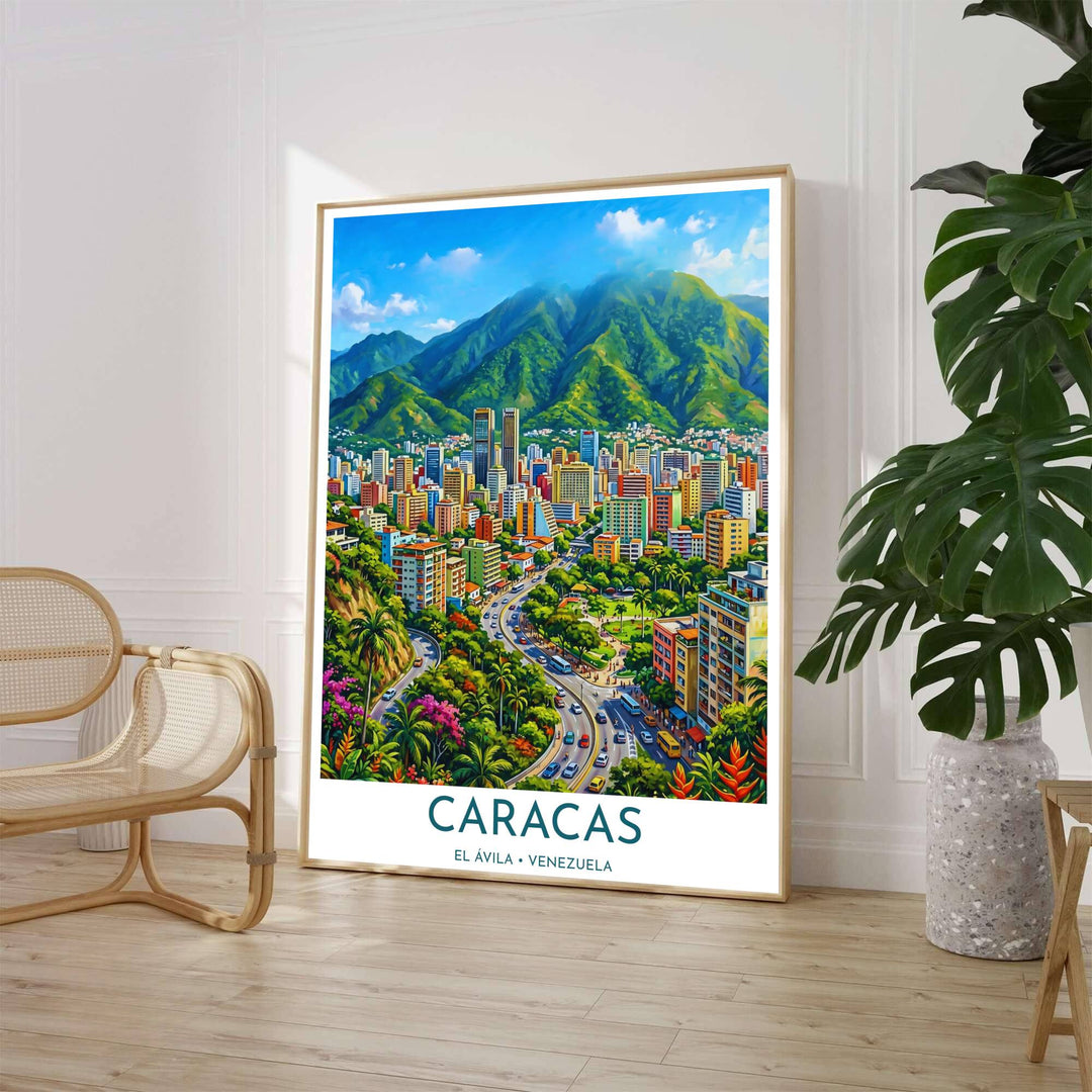 Vibrant urban landscape print depicting the bustling capital city of Caracas, Venezuela, nestled beneath lush green mountain slopes. Available through MapYourDreams, customers can select from fine art paper, handcrafted timber frames, or stretched canvas options.
