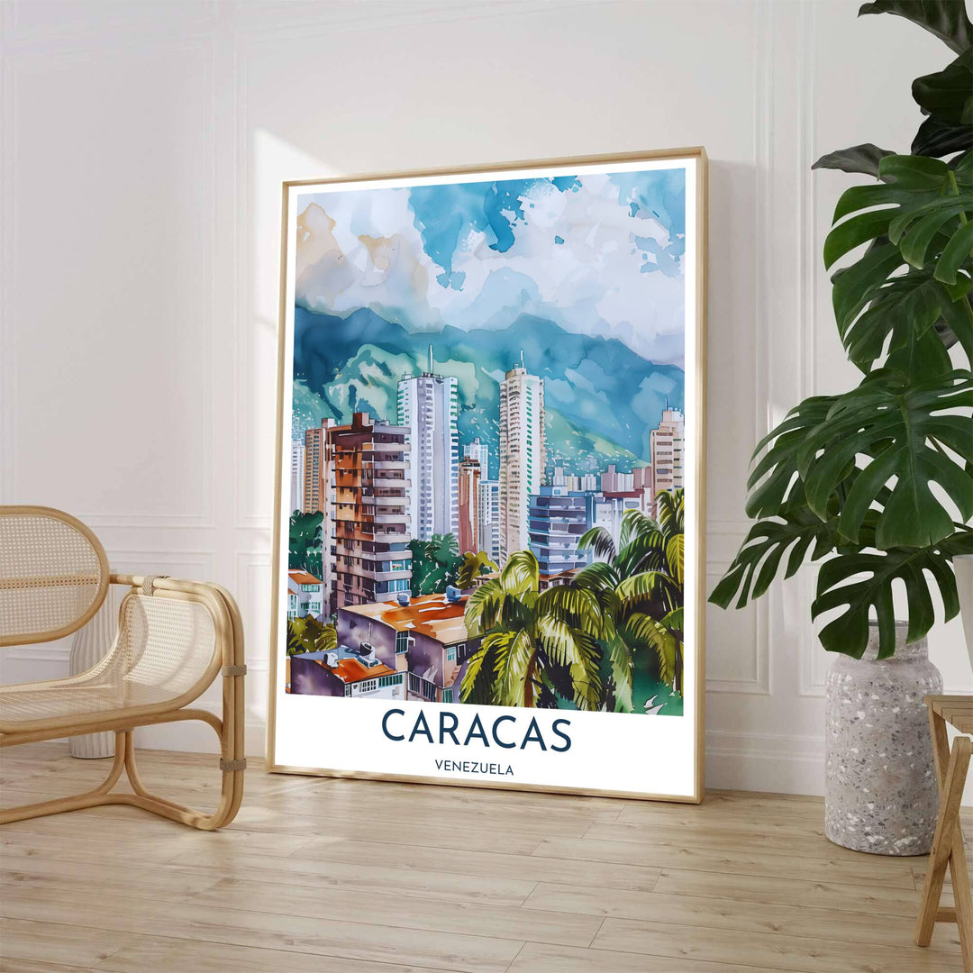 Airy urban landscape watercolor wall art depicting high-rise apartment buildings and green mountain slopes in Caracas, Venezuela. Available through MapYourDreams, customers can select from fine art paper, handcrafted timber frames, or stretched canvas options.