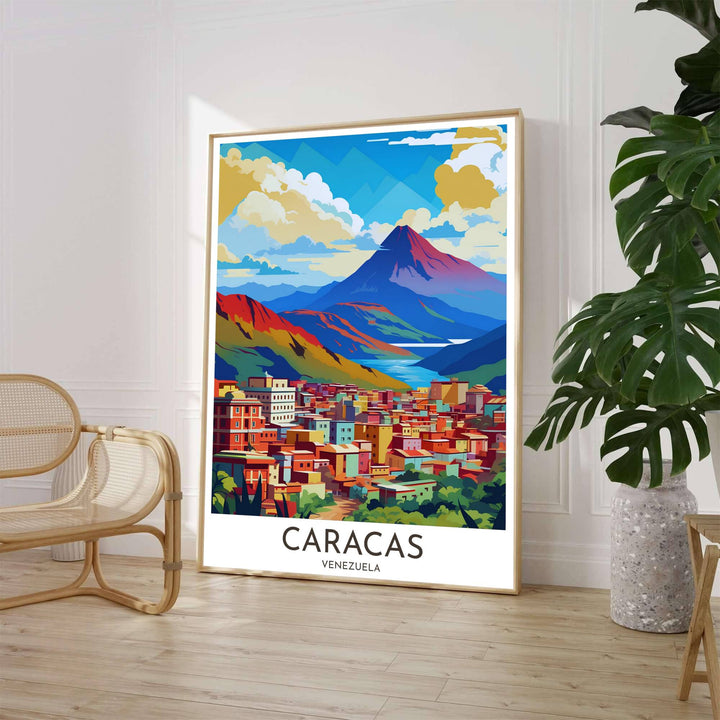 Bold pop-art landscape wall decor depicting the dramatic peak of El Ávila and terraced colorful neighborhood blocks in Caracas, Venezuela. Available through MapYourDreams, customers can select from fine art paper, handcrafted timber frames, or stretched canvas options.