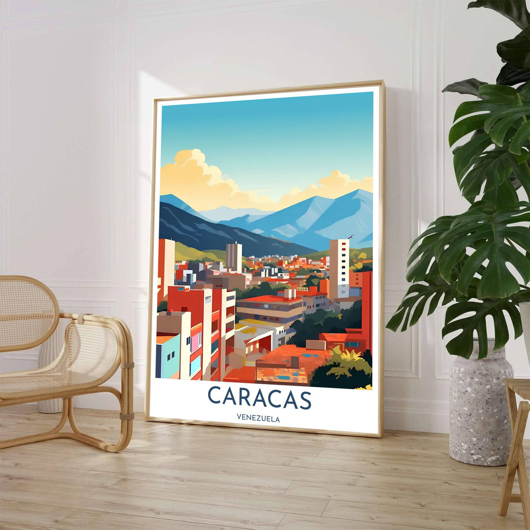 Minimalist urban landscape wall decor depicting the city valley of Caracas beneath soft golden clouds and blue mountain ridges in Venezuela. Available through MapYourDreams, customers can select from fine art paper, handcrafted timber frames, or stretched canvas options.