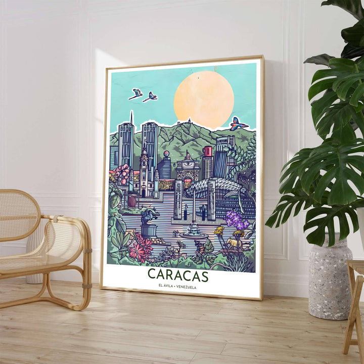 Whimsical tropical cityscape wall decor depicting iconic Caracas architectural landmarks surrounded by vibrant magenta and purple flowers. Available through MapYourDreams, customers can select from fine art paper, handcrafted timber frames, or stretched canvas options.