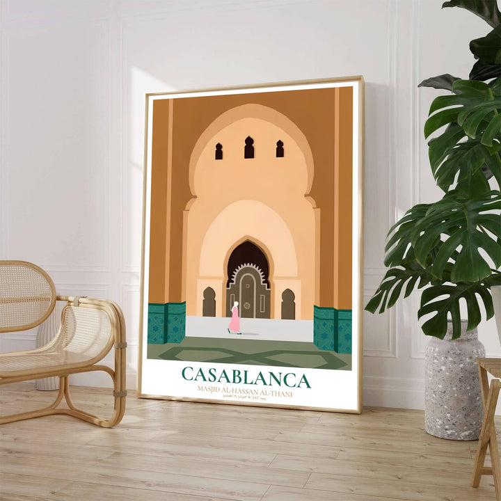 Moroccan architecture print showcasing the entrance of Hassan II Mosque in Casablanca with warm ochre and sand beige color blocking. Crafted by MapYourDreams, this artwork is available in flexible options including unframed paper, custom wooden frames, and gallery canvas wraps to suit your wall decor.