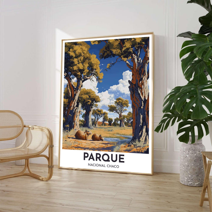 Fine art landscape wall decor displaying capybaras, golden foliage, and a bright blue sky at Parque Nacional Chaco, Argentina. Available through MapYourDreams, customers can select from fine art paper, handcrafted timber frames, or stretched canvas options.