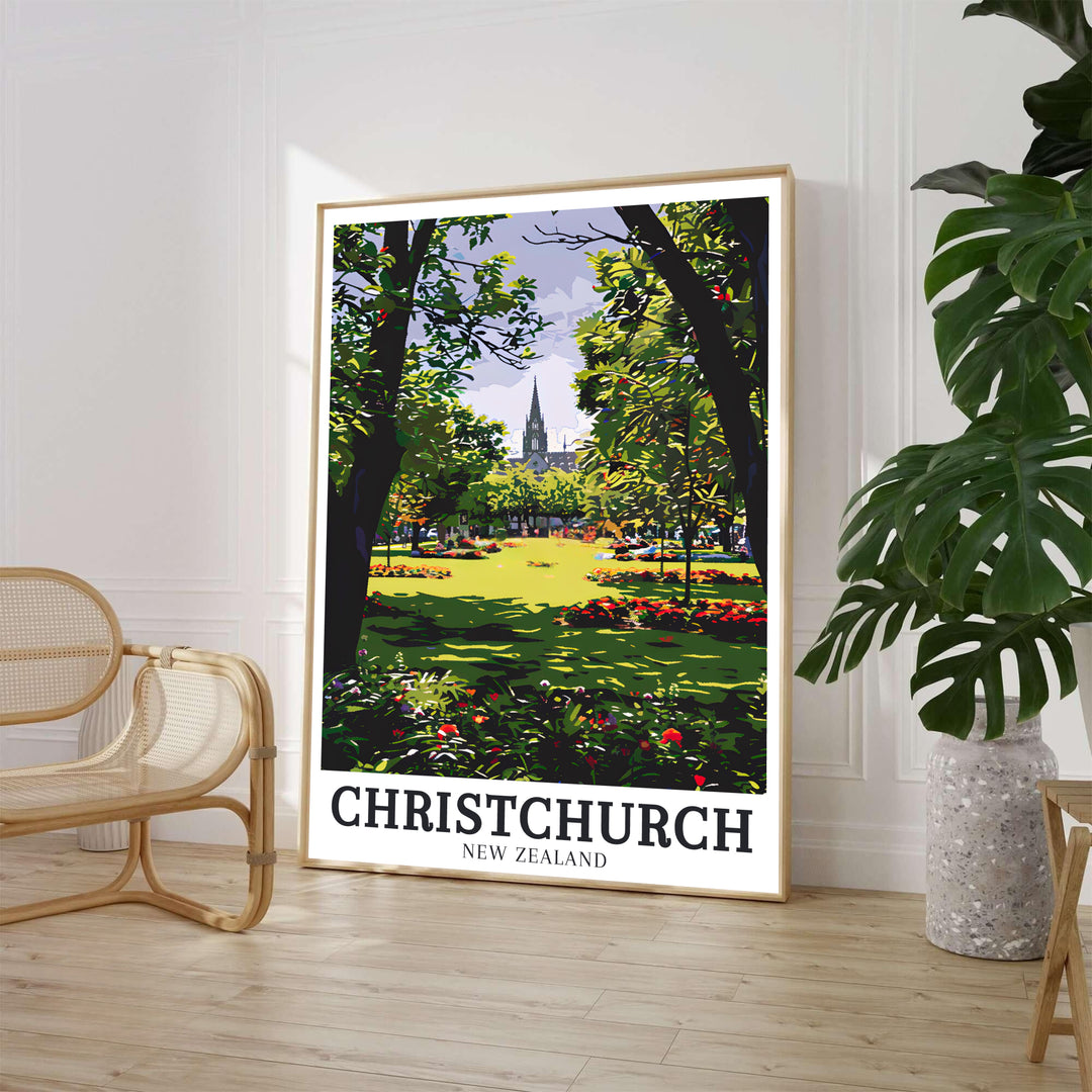 High-contrast botanical foliage framing the distant spire of Christchurch Cathedral in Christchurch Botanic Gardens defines this print. Select framed, unframed, and canvas poster styles at MapYourDreams.