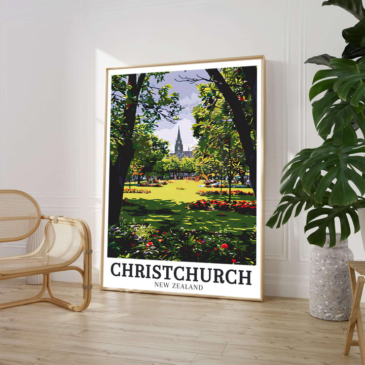 High-contrast botanical foliage framing the distant spire of Christchurch Cathedral in Christchurch Botanic Gardens defines this print. Select framed, unframed, and canvas poster styles at MapYourDreams.