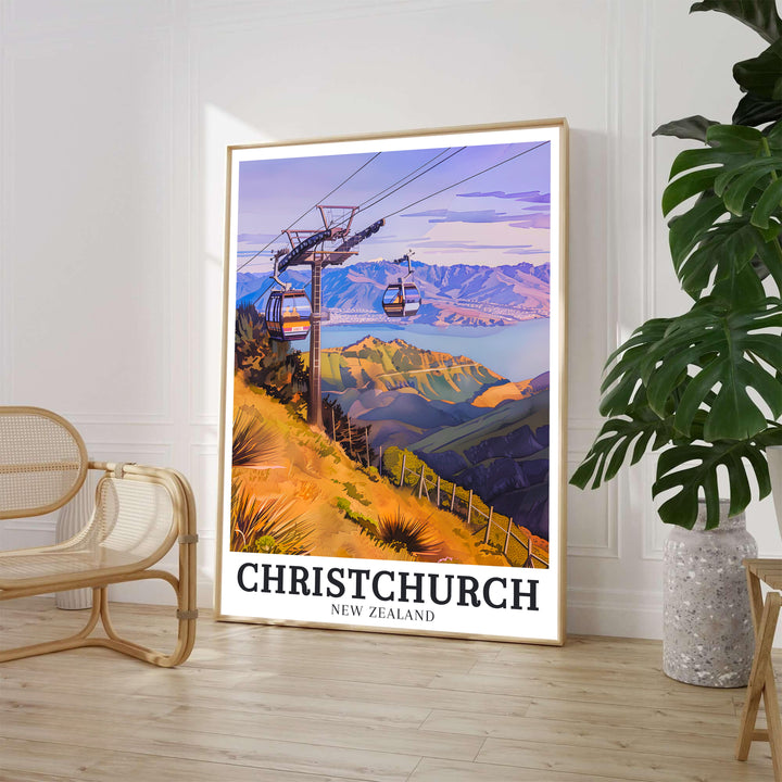 Detailed illustrative vector artwork of gondola cabins rising over Port Hills with Lake Ellesmere in ChristChurch decorates this print. Order fine art framed, unframed, and canvas poster options online at MapYourDreams.