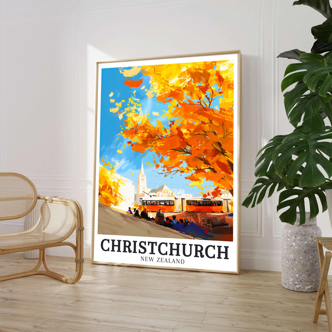 A vintage orange heritage tram glides past spectators under autumn trees in Christchurch on this artwork. Order fine art framed, unframed, and canvas poster styles online at MapYourDreams.